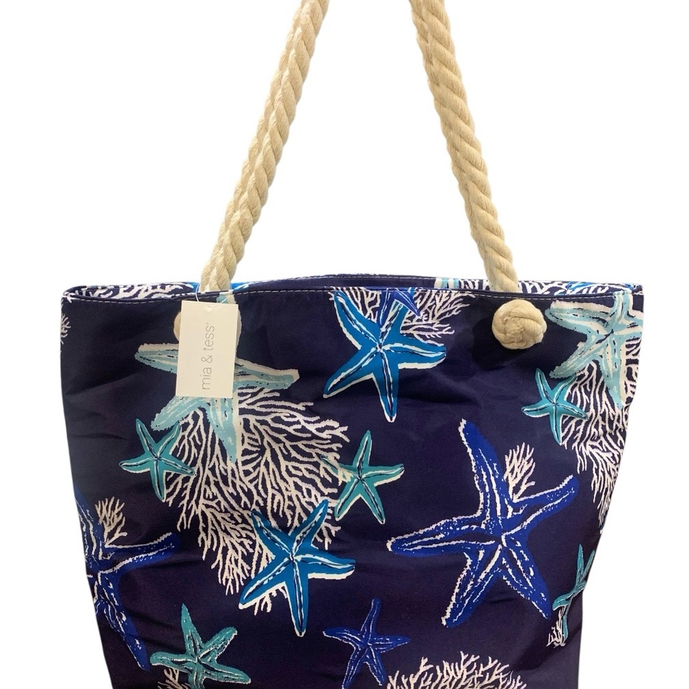 Mia & Tess Blue Nautical Coastal Lined Tote Beach Bag Purse Thick Rope Handles